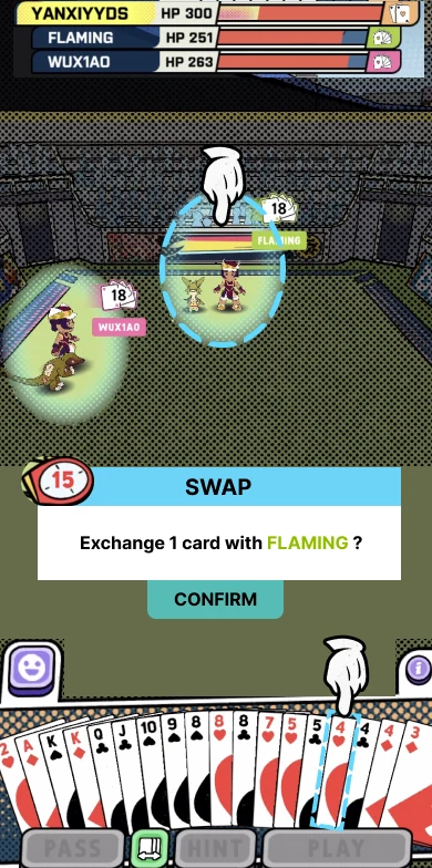 Pet Power UX specification with an opponent highlighted and named in the exchange confirmation.