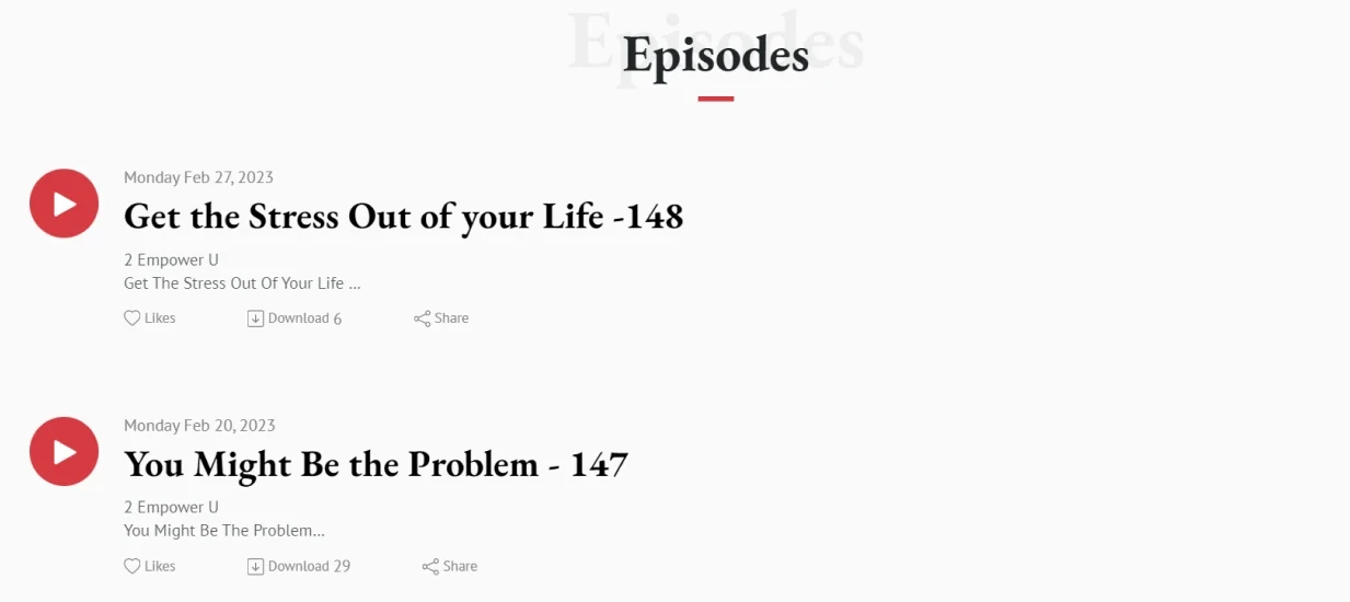 Revised episode list with titles, dates and individual play controls
