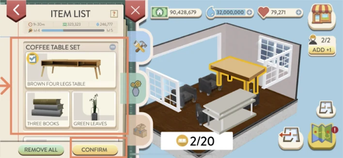 House Flip staging room with its furniture list and room-level Confirm action