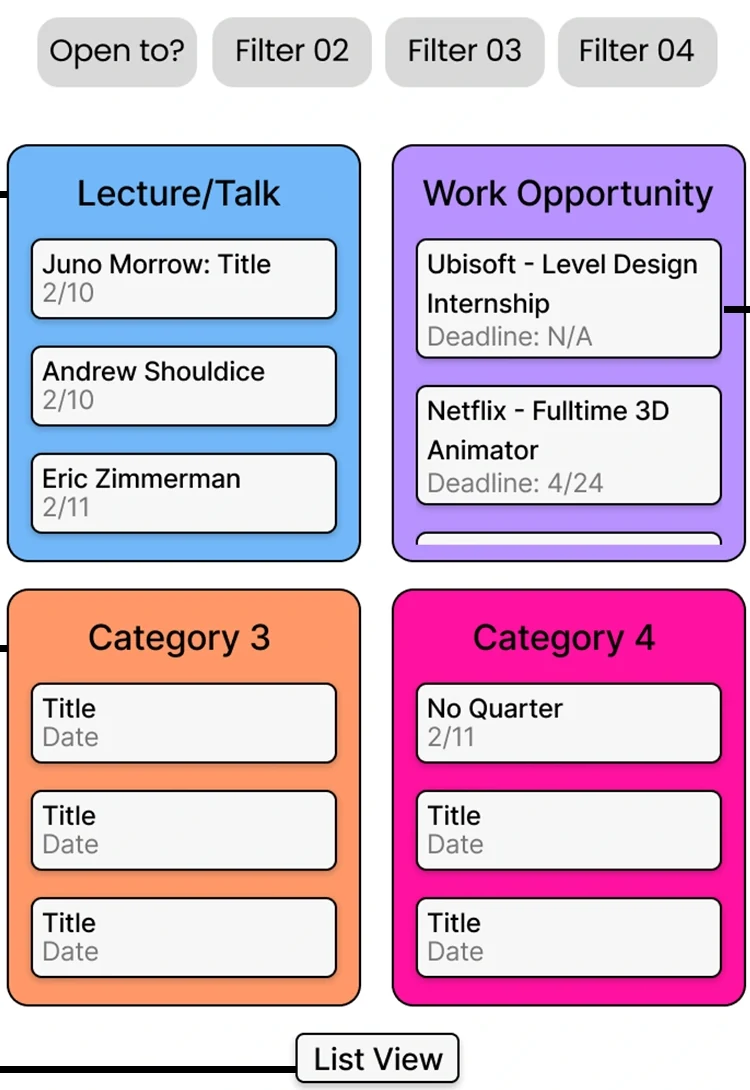 Original mid-fidelity Category View detail with grouped Game Center events
