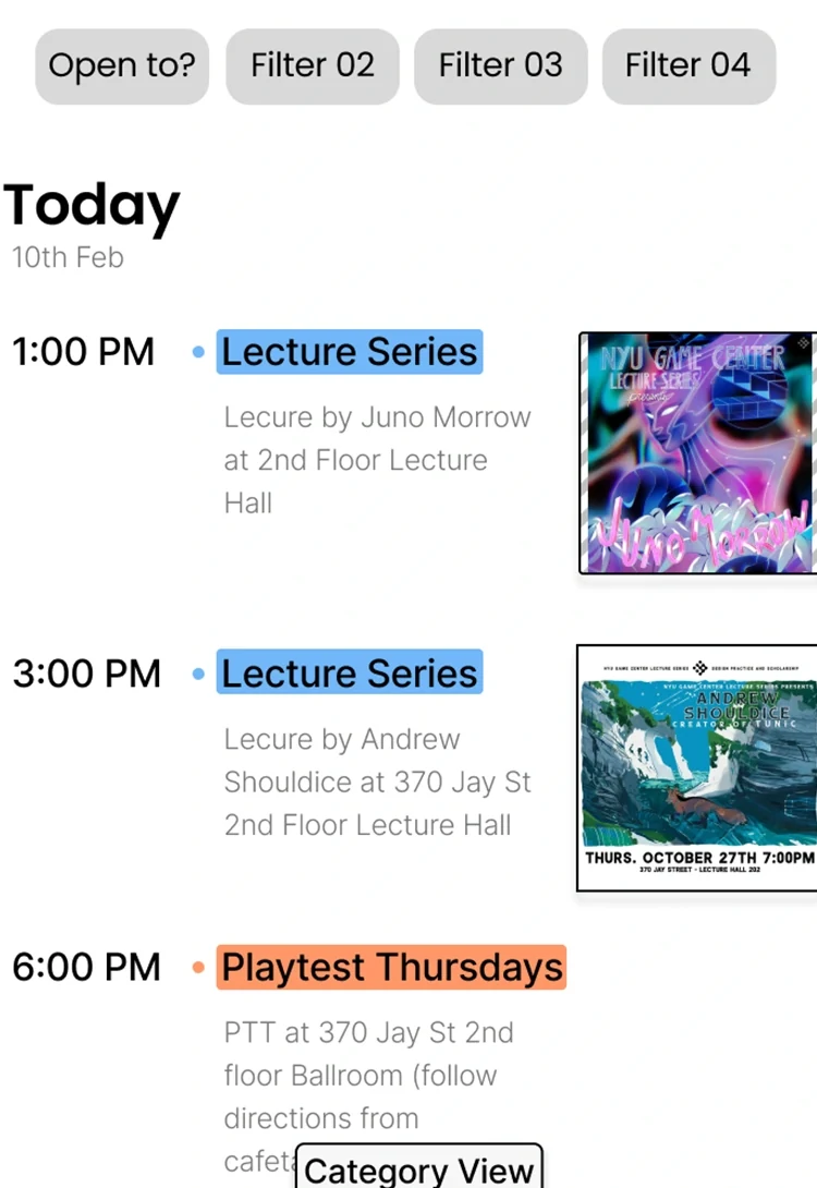 Original mid-fidelity List View detail with event times and descriptions