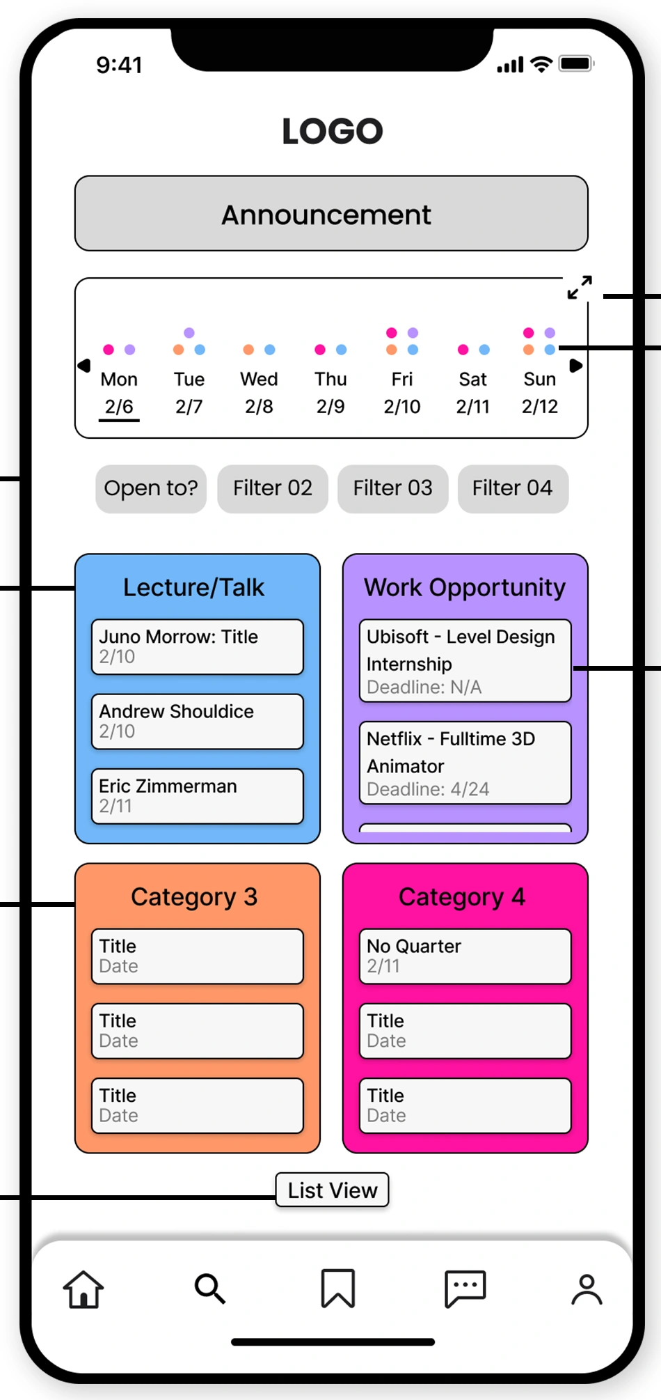 Original Category View with grouped event cards, weekly dates, inline filters, and the List View switch