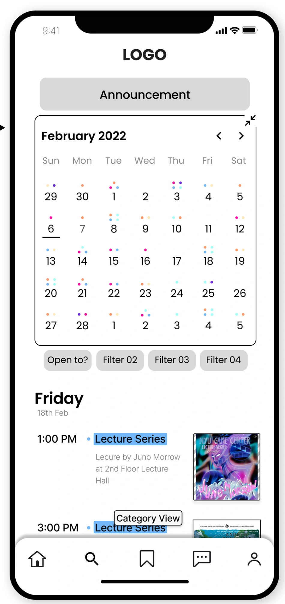 Original expanded calendar state with a month of dates above the event list