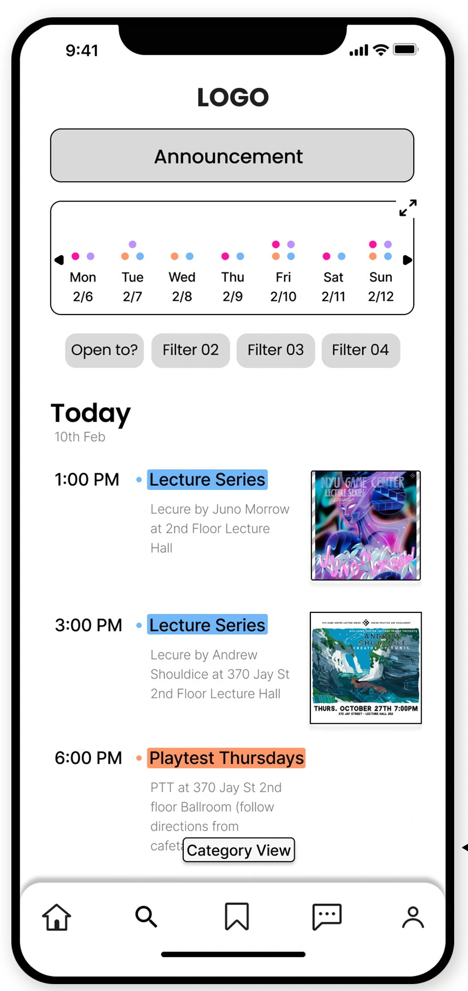Original mid-fidelity List View showing an announcement, weekly timeline, filters, event times and details, Category View control, and bottom navigation